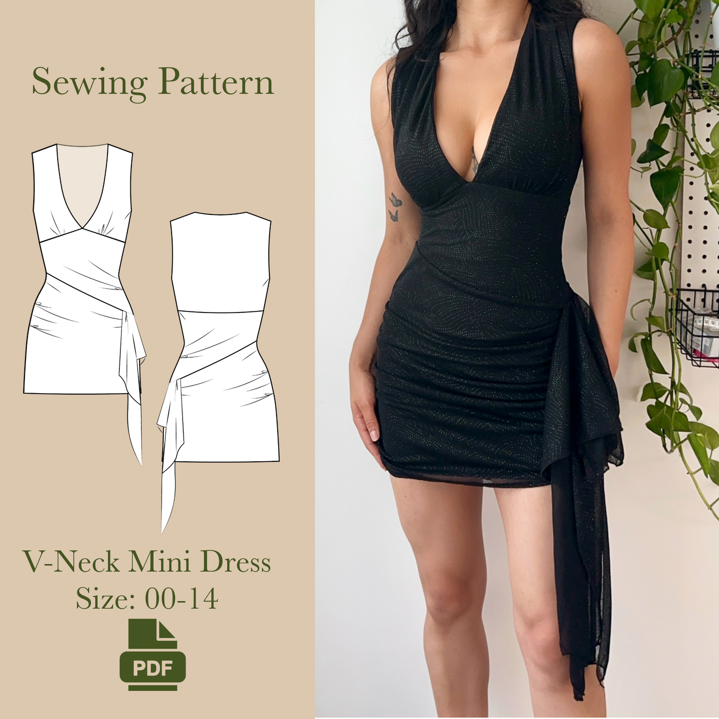 V- Neck Mini Dress Sewing Pattern PDF 00-14