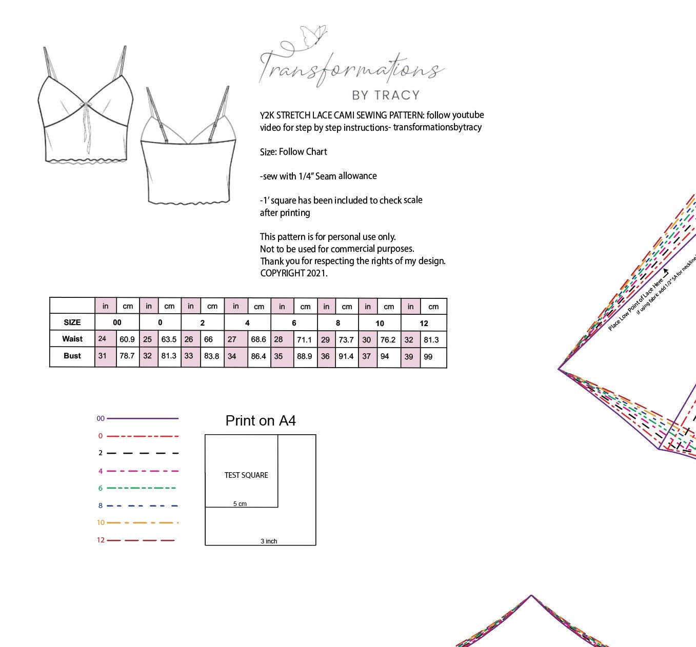 Y2k Lace Cami Sewing Pattern PDF Size 00-12
