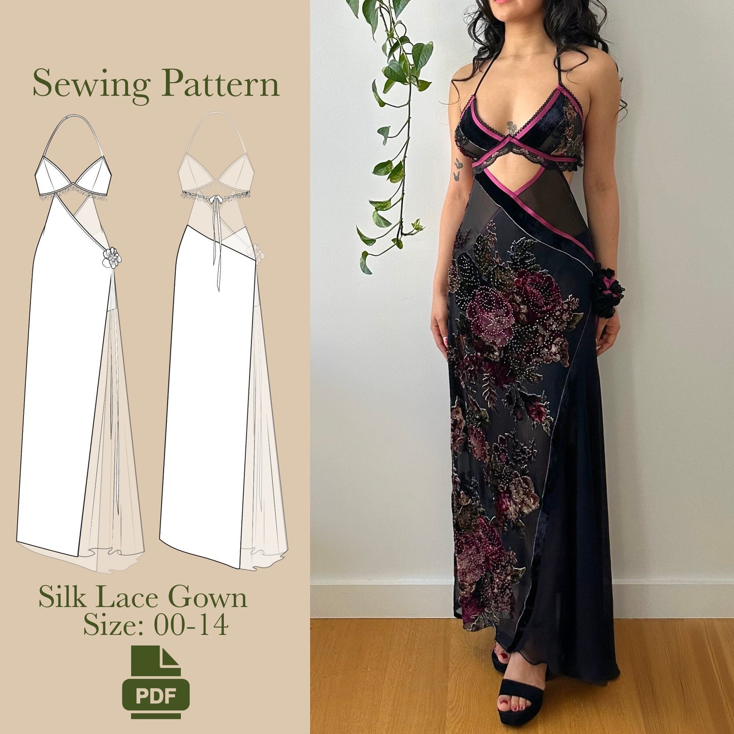 Silk Lace Gown Sewing Pattern PDF 00-14